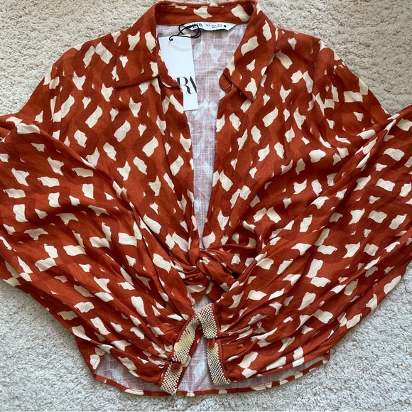 Zara Linen Blend Beaded Cuffed Sleeves Open Front Collared Women's Top Sz S NWT - Picture 4 of 10